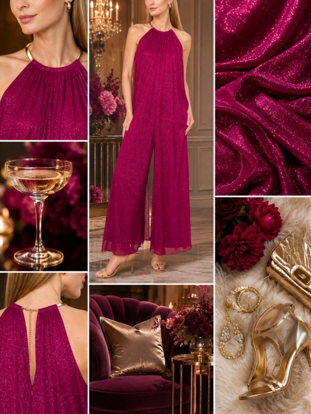 MSK Plum Nite Metallic Halter Wide Leg Jumpsuit Small NWT